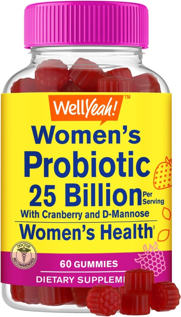 25 miljarder probiotika för kvinnor Gummies med tranbär och D-Mannose - 12 stammar - Vaginal hälsa, Digestive Support, Gut Health och Feminine Health - 60 Gummies