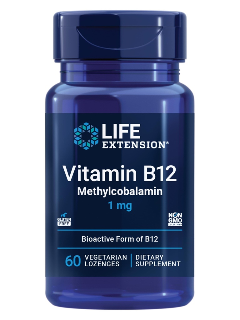 Life Extension B12 Methylcobalamin, Nerve Health Supplement, Kognitiivinen tuki, energia-vitamiini, metyylikobalamiini B12, 1 mg, pikaratkaisu, kasvisruoka, 60 imeskelyä