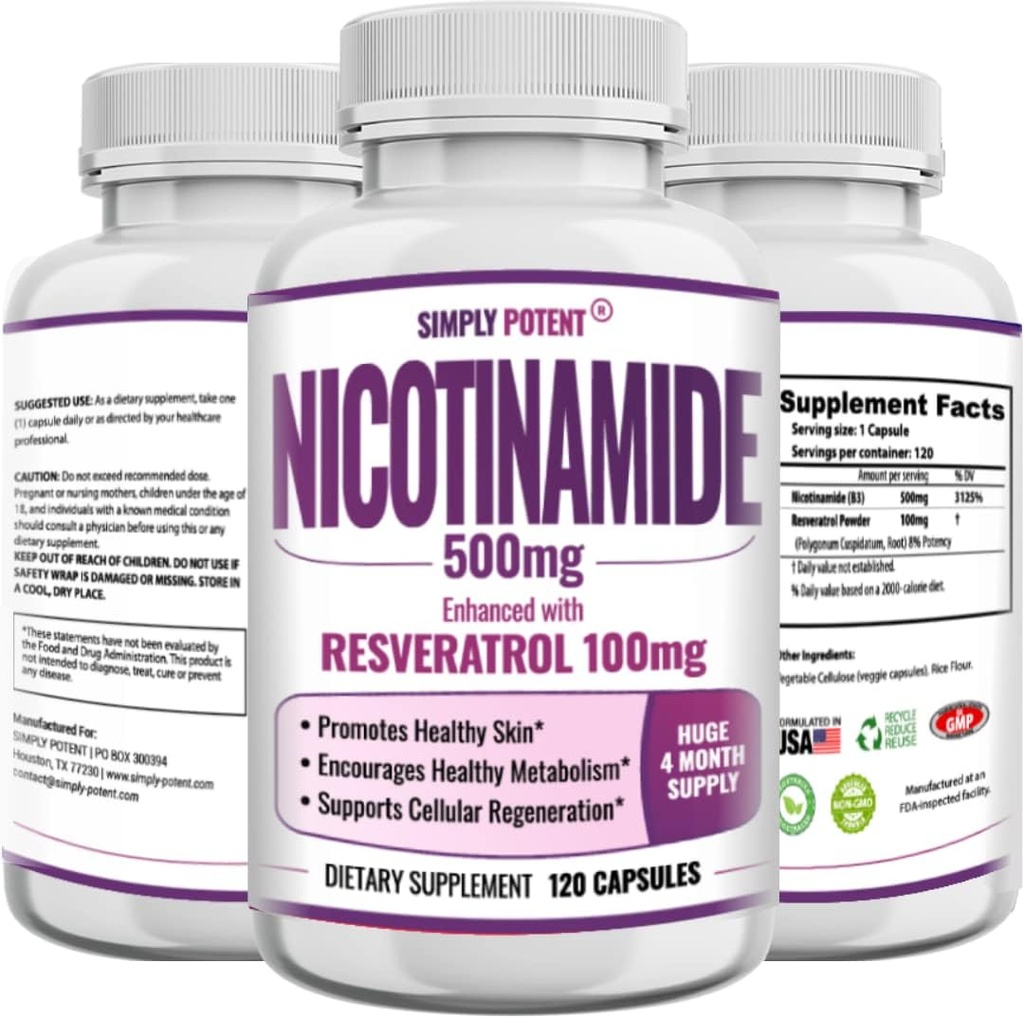 Nikotinamid 500mg med Resveratrol 100mg - 120 Veggie Capsules - Vitamin B3 Supplement Pills för att stödja NAD, hudcell hälsa och energi