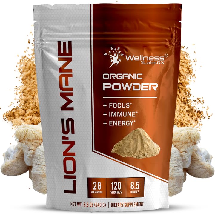 WELLNESS LABSRX Lions Mane Powder, Sieni täydentää - 2000mg - Lions Mane Powder Brain lisäravinteet muistia ja keskittyä, immuuni tuki ja terveys - 120 tarjoilut