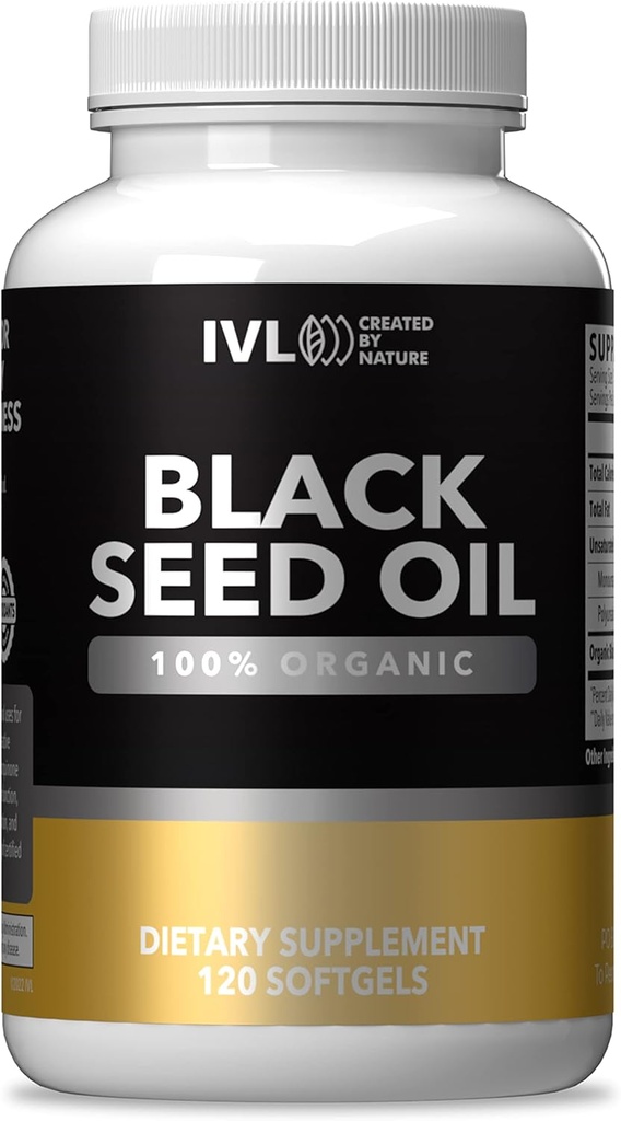 IVL - Organic Black Seed Oil - 120 Softgel Kapselit - (1000 mg per Serving) - Pure Cold Pressed Nigella Sativa Seed Oil - Omega 3 6 9, Antioksidantit, Thymokinoni - Black Seed Oil Liquid Kapselit