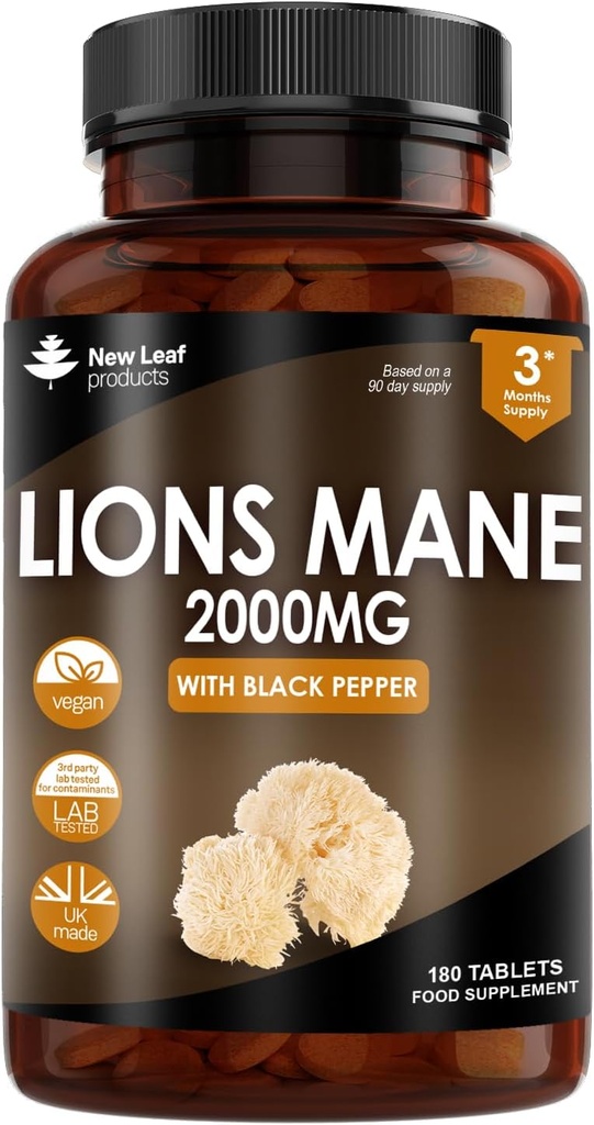 New Leaf Tuotteet Lions Mane Mushroom Extract Supplement 2000mg - 180 High Strength Vegan Tabletit Black Pepper - (Ei jauhetta tai kapseleita) Valmistettu Isossa-Britanniassa
