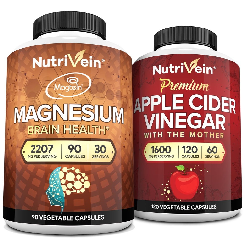 Nutrivein Premium Apple Siideri Viinietikka Kapselit & Magnesium L-treonate Bundle: High-Absorption Magnesium Treonate Supplement ja Apple Siideri Viinietikka Lisäravinteet aivot, Gut, & Yleinen Hyvinvointi