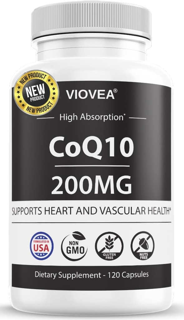 CoQ10 - Valmistettu USA:ssa, 120 kapselia, 200 mg (4-kuukautinen tarjonta), Ultra suuri imeytyvä Coenzyme Q10 täydennysosa - Antioksidantti sydämen, verisuoniston terveys ja energia Boost