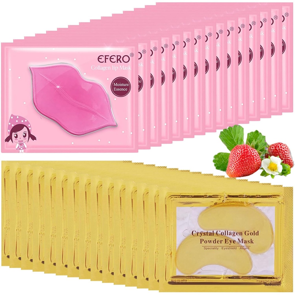 30 paria Lip Mask & Under eye Mask, 24K Gold Crystal Kollagen Under Eye Patches for Puffy Eyes, Lip Maskeja tehokkaasti ravitsee huuli- ja silmäihoa, silmänaamiot vähentää Fine Lines & Dark Circle