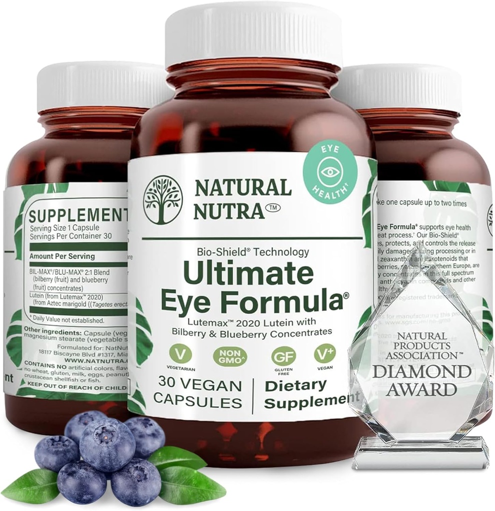 Natural Nutra Ultimate Eye Health Supplement - Bilberry & Blueberry Extract Blend for Day and Night Vision Support, Edistää värien havaitsemista ja silmien kirkkautta - ei-GMO, Vegaani - 30 kapselia (Pakkaus 2)