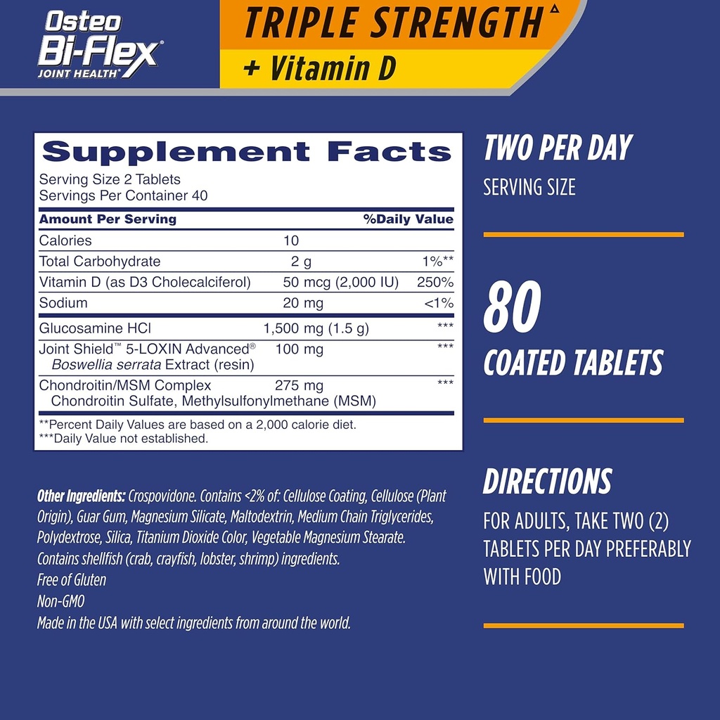 Osteo Bi-Flex Triple Strength(5) D-vitamiinilla glukosamiinikondroitiini Joint Health Supplement, päällystetty tabletti, 80