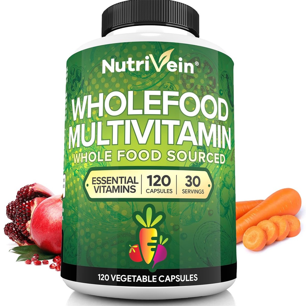 Nutrivein Koko ruoka Multivitamiini miehille ja naisille 120 Vegan Multivitamiini Caps for Aikuinen Päivittäinen energia, Immuuni- ja sydäntuki Raw Fruit & Veggie Blend + B Vitamiinit - ei tarkoitettu lapsille