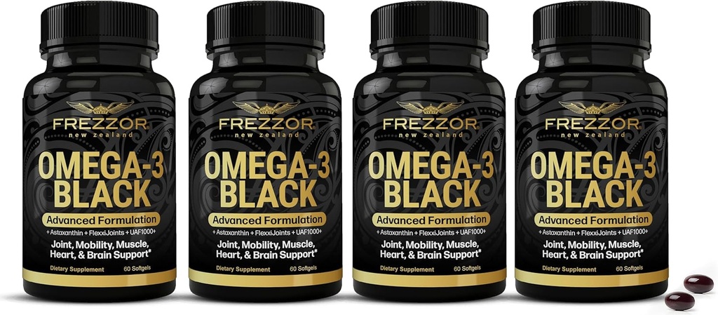 FREZZOR Omega 3 Musta - Korkein vahvuus Green Lipped Mussel Oil Capsules, valmistettu Uudessa-Seelannissa, UAF1000+, tulehdus, nivelhoito ja -apu, sydän- ja immuunituki, 60
