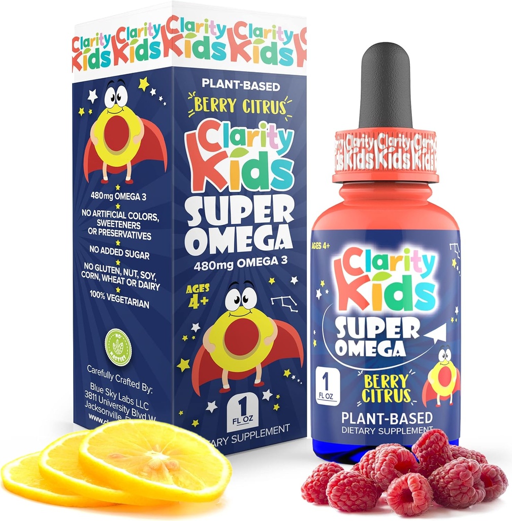 Clarity Kids Super Omega with DHA + EPA Omega 3 for Better Focus & Quality Sleep Algae Oil Omega 3 Liquid (1 ml per Serving) All Natural DHA Drops for Children USA Made Supplement (1 fl oz)