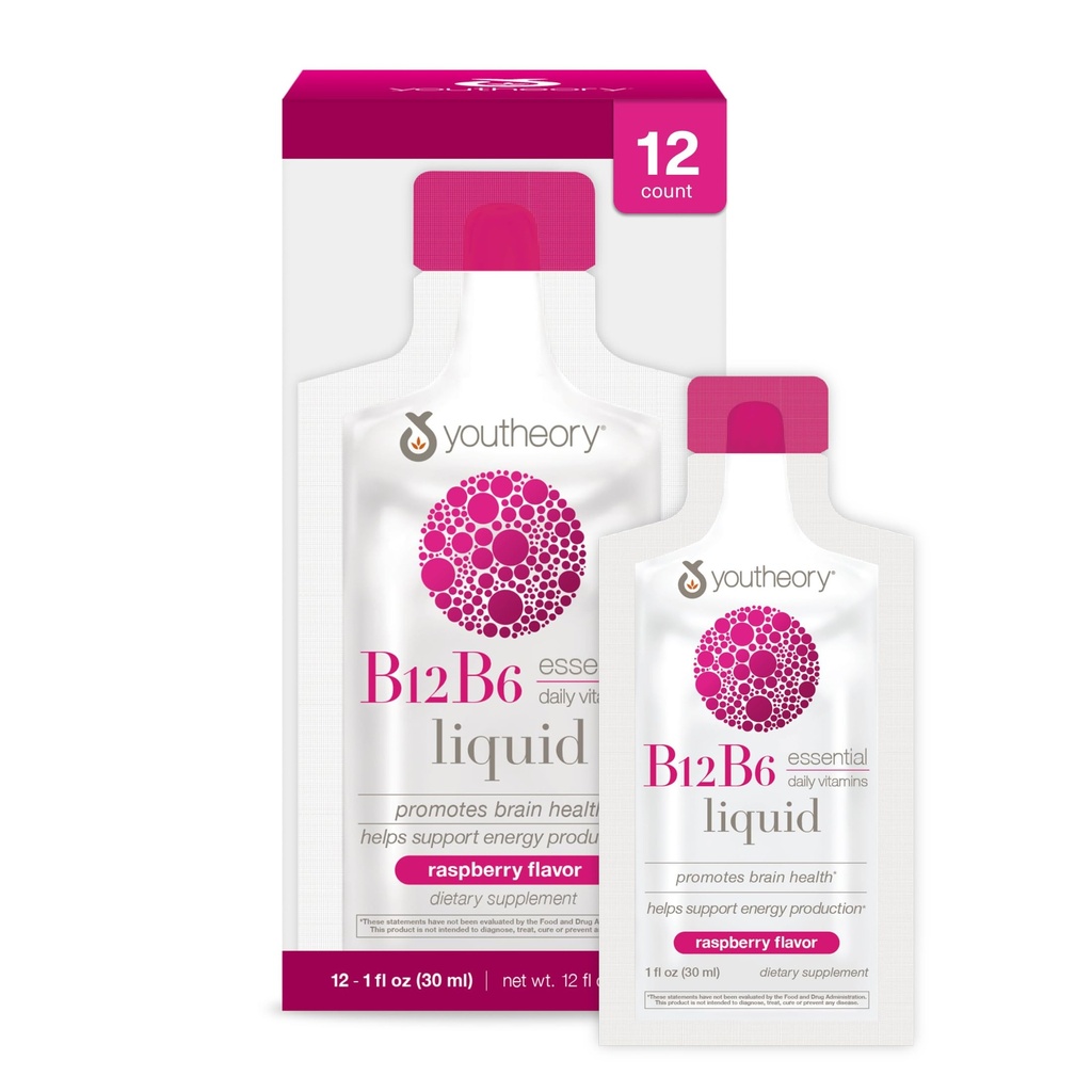 Youtheory B12 B6, Daily Energy ja aivojen tuki täydentää, nestemäinen vadelma maku, 12 ... 1oz Single tarjoilu Packets