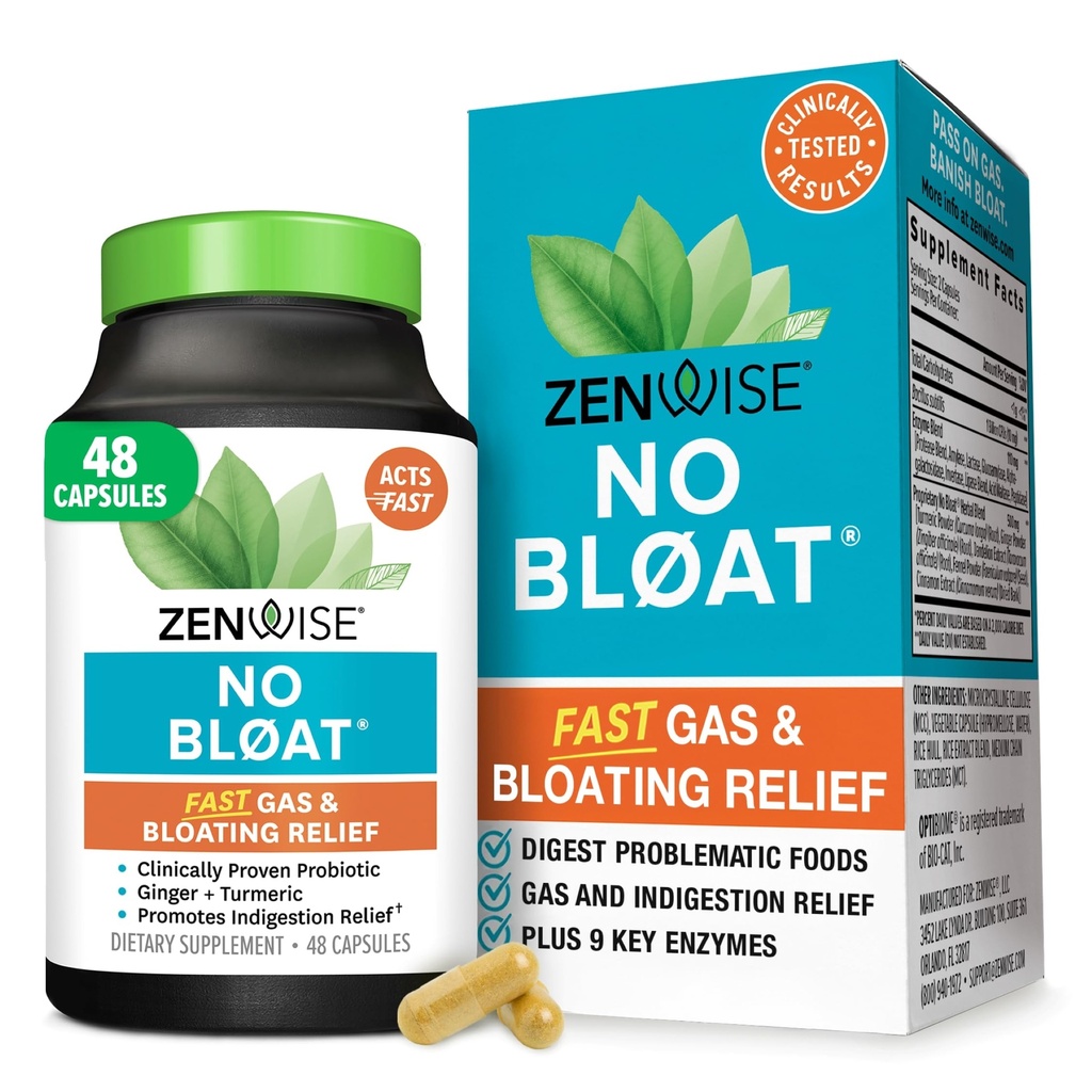 Zenwise Health No Bloat Dgestive Enzymes for Gut Health, Gas & Bloating Relief - Multi Enzymes Digestion Supplement with Probiotics, Inkivääri, Turmeric Voikukka & Lactase - Miehet & Naiset - 48 Count