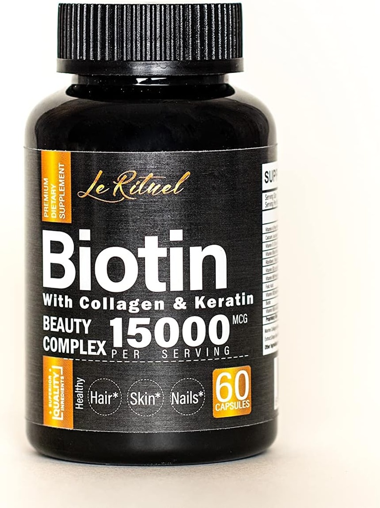 Biotin Vitaminer med Collagen & Keratin - Hårtillväxt tillskott för kvinnor och män - 15000 mcg piller - Vitaminer A,D,B1,B2,B3,B5,B6,B12 Komplex - Hälsosamma Vegan kapslar - 60 greve