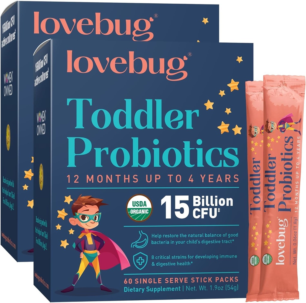 LOVEBUG Kids Probiootti jauhe prebioottikuitua - Toddler Immuniteetti Tuki & Ummetus Relief - USDA Organic Probiootit lapsille Gut & Dgestive Health (Ages 1-4) - 60 pakkaus (Aromiton)