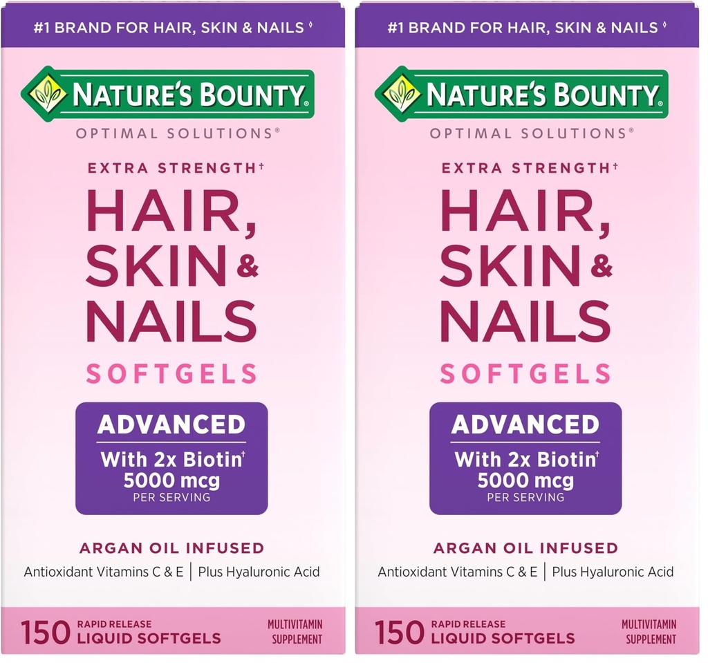 Naturens Bounty Advanced Hair, Skin & Nails, Argan-Infused Vitamin Supplement med Biotin och Hyaluronic Acid, 150 Rapid Release Softgels (Pack of 2)