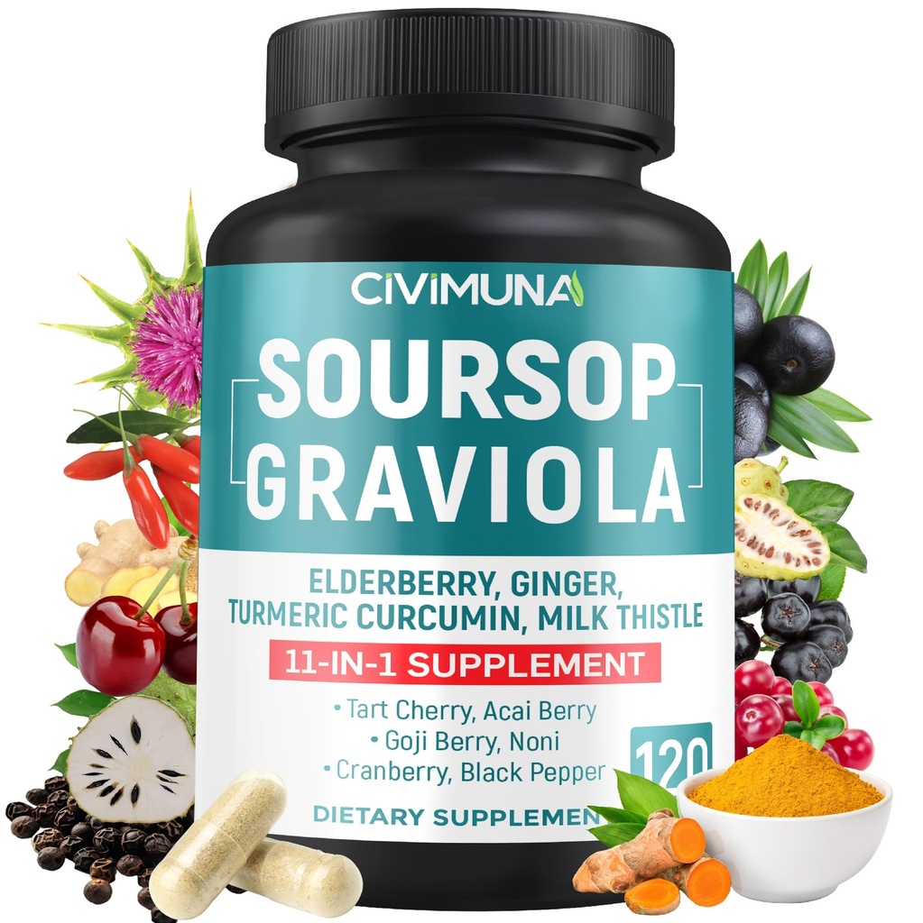 Soursop Graviola Capsules med Elderberry, Turmeric, Ginger, Milk Thistle, Tart Cherry och More - 120 kapslar för 4 månaders leverans