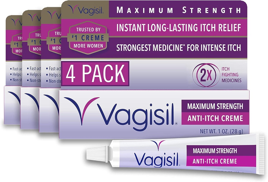 Vagisil Maximal Styrka Feminin Anti-Itch Cream med Benzocaine för kvinnor, hjälper till att lindra jästinfektionsirritation, gynekolog testad, snabbverkande, lugnar och Cools Skin, 1 uns (Pack of 4)