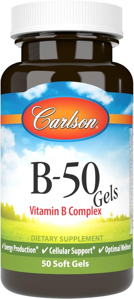 Carlson - B-50-geelit, B-vitamiinikompleksi, energiantuotanto, solujen tuki & optimaalinen hyvinvointi, 50 Softgeliä