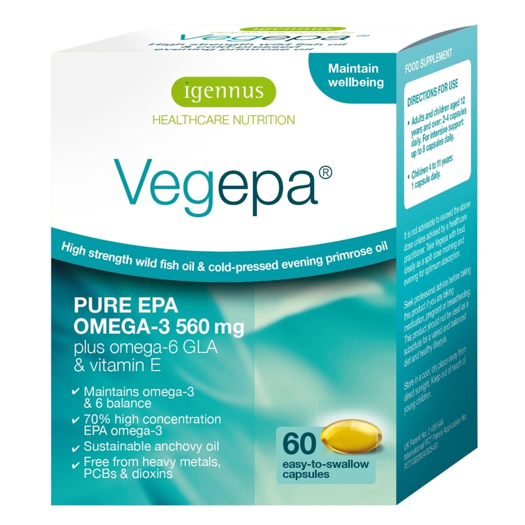 Igennus Vegepa Omega 3 Wild Fish Oil & Evening Primrose Oil Blend, 560 mg EPA Plus GLA, 60 pientä Softgelia