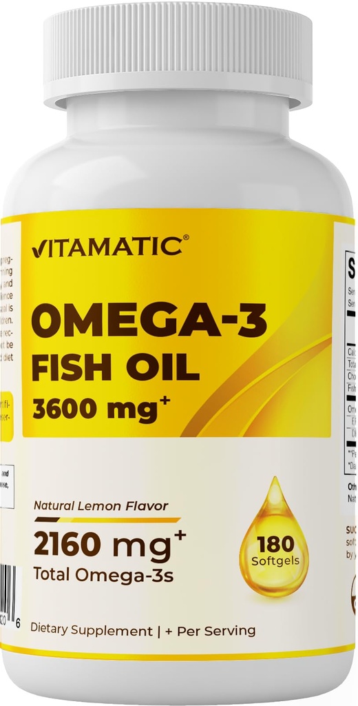 Vitamatic Triple Strength Omega 3 Fish Oil 3600mg per Serving, 2160mg Omega 3 Rasvahapot, 1296mg EPA + 864mg DHA, Burpless Lemon Flavor, 180 Softgels