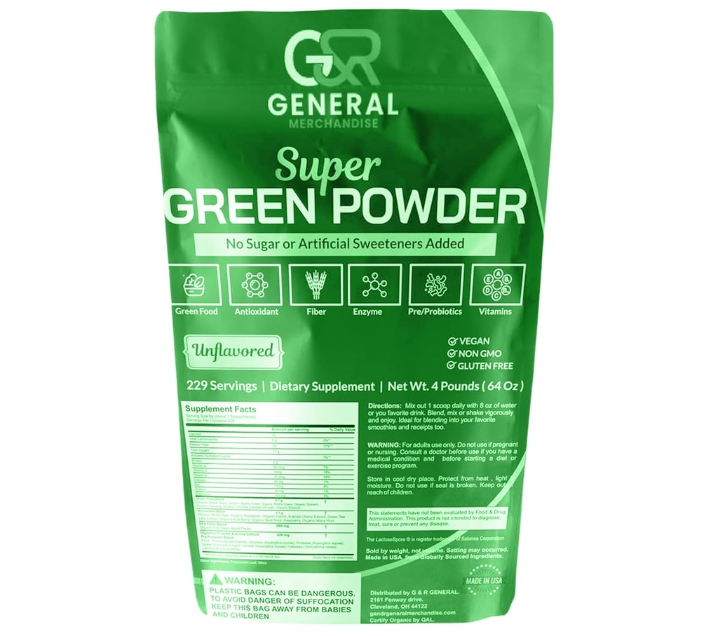 Super Greens Powder Superfood Organic, 229 Tarjoilut Ruoansulatuskanavan entsyymit, Probiootit ja vitamiinit Vihannekset (Wheatgrass, Spirulina & more), Hedelmät, 4 punta(64oz).