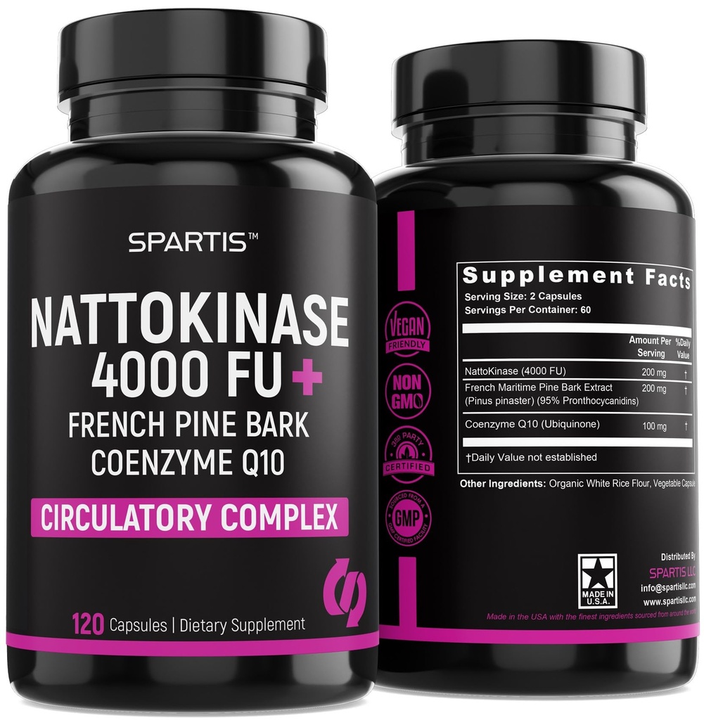 Nattokinase Supplement 4000 FU CoQ10 100mg French Maritime Pine Bark Extract 200mg med enzymer för cirkulations- och kardiovaskulärt stöd (Pack av 1 på 120-Caps)