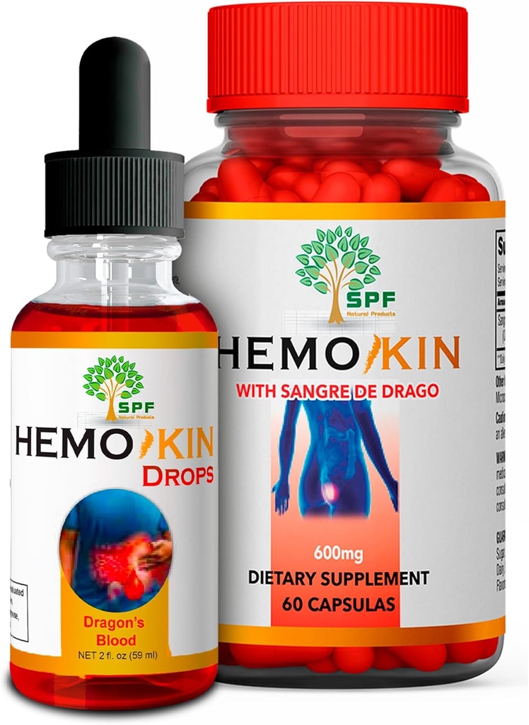 HEMOKIN Capsules & SPF HEMOKIN Drops med Sangre de Drago | Hemorrhoid, Fissure & Wound Relief | Reduces Itching, Swelling, Pain | Digestive Health & Healing Support | 60 Caps + 2 Oz