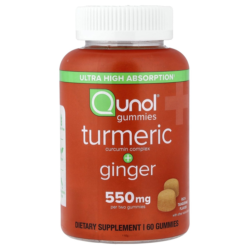 Qunol Turmeric ja inkivääri Gummies, Gummy 500mg Turmeric + 50 mg Inkivääri, Joint Support Supplement, Ultra High Absorption Tumeric ja Inkivääri, Vegan, Gluteeniton, 1 kuukauden tarjonta 60ct Gummies