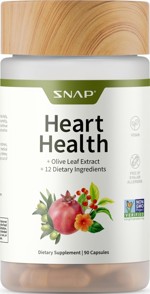 Snap Supplements Heart Health Support Supplement - Botaniskt stöd för hjärthälsa, hälsosam cirkulation och kväveoxidnivåer, 90 kapslar (30 portioner, 1 månads leverans)