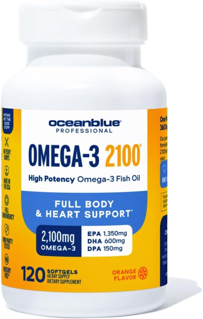 Oceanblue Professional Omega-3 2100-120 ct - High-Potency Triple Strength Burpless Fish Oil med EPA, DHA & DPA - Vild fångad - Orange smak, 60 portioner