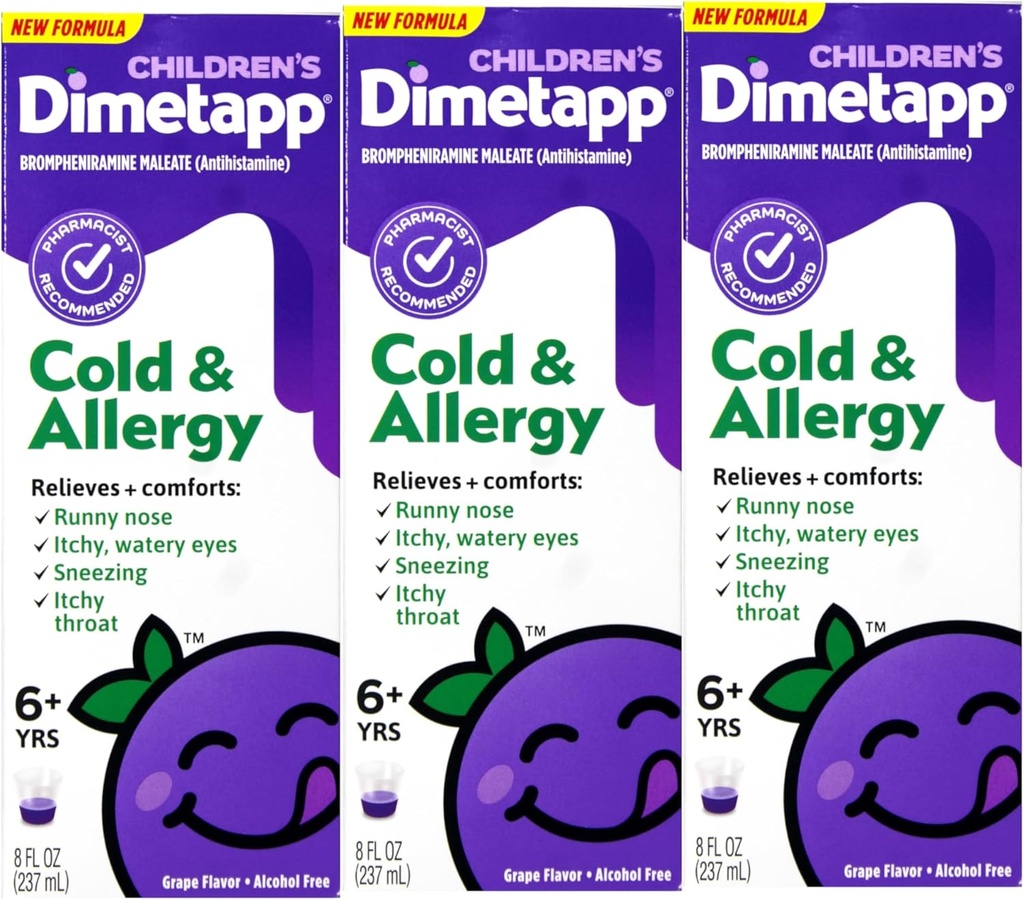 Barnens Dimetapp® Cold & Allergy Liquid – Grape Flavor, Alcohol-Free, 8 fl oz – 3 Pack