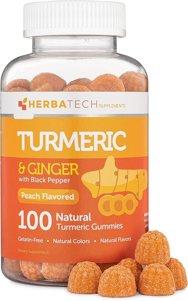 Kurkumallinen Curcumin Gummies Black Pepper & Ginger Root (100 Count) Pureskella täydentää aikuisille ja lapsille - yhteinen tuki ja Vegan Safe