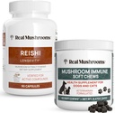 Real Mushrooms Reishi Capsules for Humans (90ct) & Sieni Immuuni Lemmikki Chews (60ct) - Bundle for Longevity, Rentoutuminen & Immuniteetti - Ashwagandha, Astragalus & enemmän - Vegan, ei-GMO, Gluteenittomat