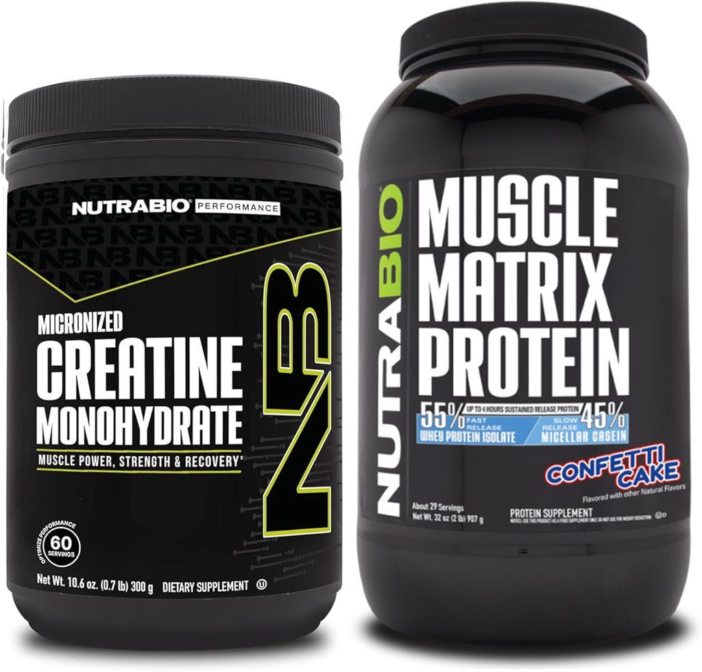 NutraBio Creatiini Monohydraatti, makua sisältämätön, (300 g) ja lihasmatrix proteiinijauhe, (Confetti kakku) täydennysosa Bundle ... Lihasenergia, suurin kasvu, elpyminen ja vahvuus