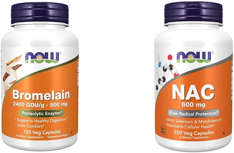 NOW Supplements, Bromelain 2 400 GDU/g - 500 mg, Natural Proteolytic Enzyme*, 120 Veg Capsules & Supplements, NAC 600 mg med Selenium & Molybdenum, 250 Veg Capsules