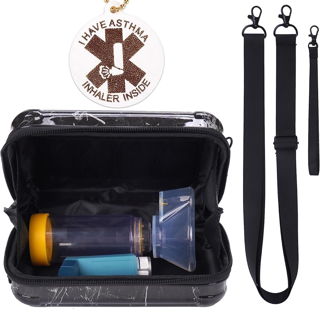 MGZNMTY Travel Carrying Case astma inhalaattori, Inhalaattori Spacer lapsille ja aikuisille, Naamiot, haltija laukku olkapään Crossbody köysi ja Mesh Pocket lääketiedettä (vain tapauksessa) (Musta marmori)