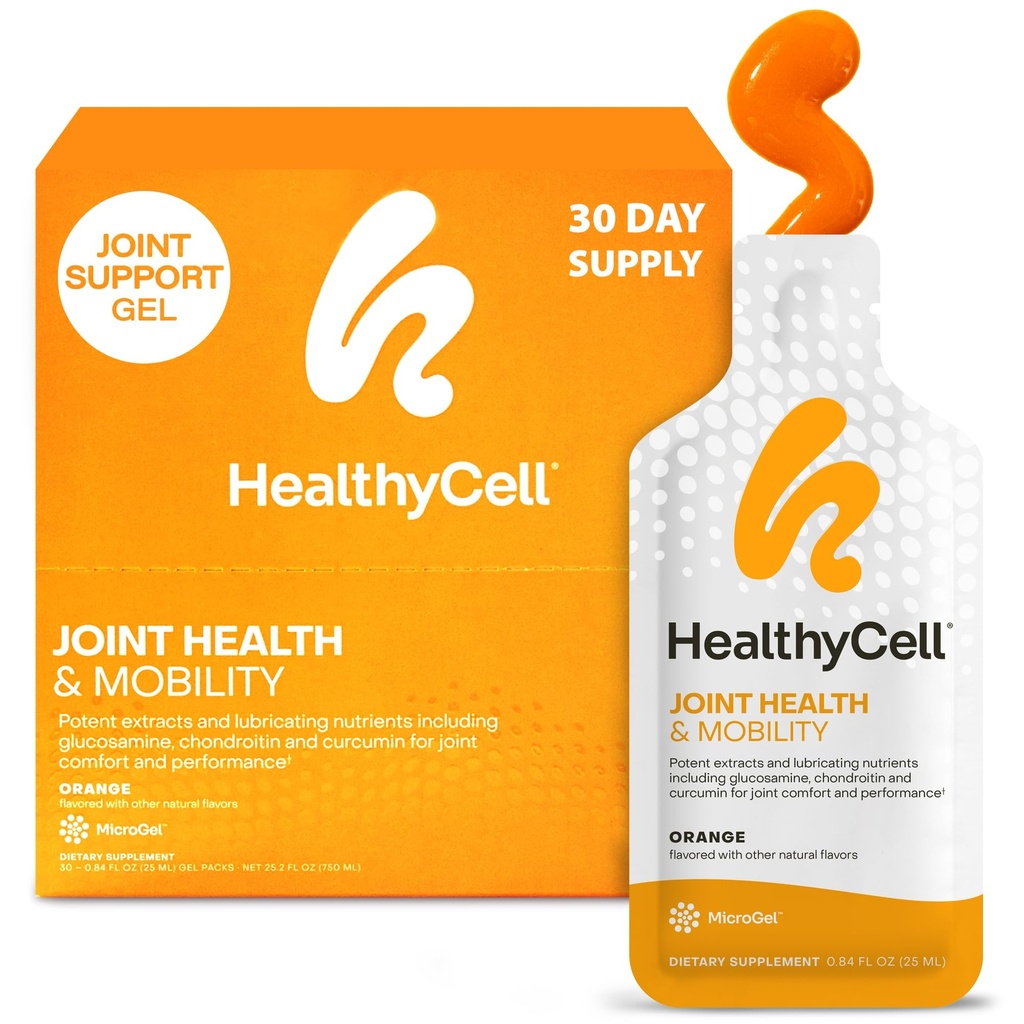 Healthycell Yhteinen terveys ja liikkuvuus Päivittäinen neste täydentää - Joint Support Supplement, tulehdusvaste, Cartilage & Joustavuus Curcumin, Glukosamiini & Chondroitin - 30 Gel Packs