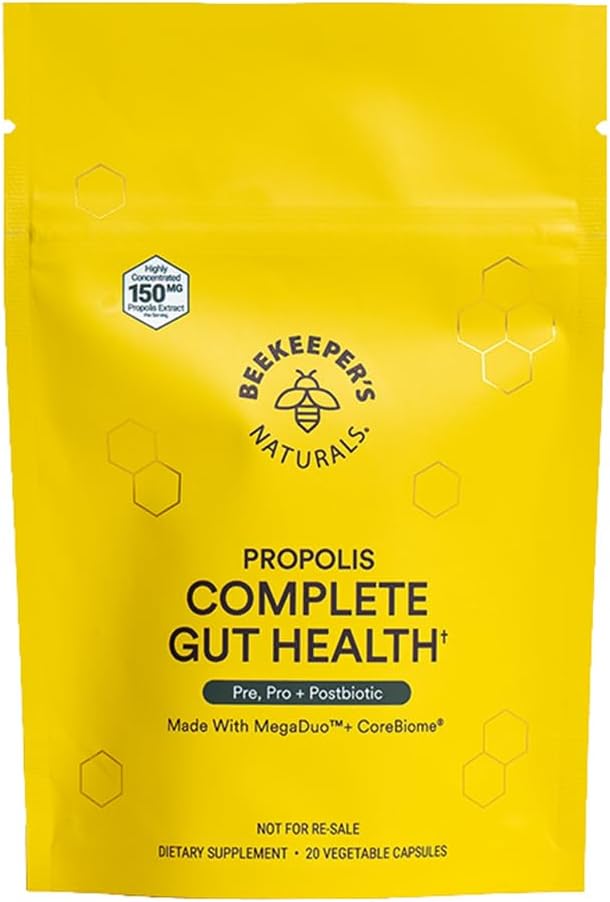 Mehiläishoitajan Naturals Complete Gut Health, 3-in-1 Prebiootti, Postbiootti, Probiootit naisten ja miesten ruoansulatusta ja turvotusta varten, Propolis Powered, Gluteenittomat vegaaniset kapselit, 20ct