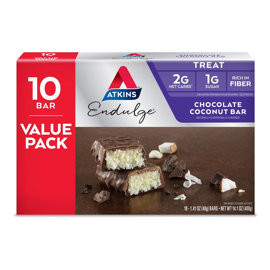 Atkins Endulge Chocolate Coconut Bar, jälkiruoka suosikki, korkea kuitu, 1g sokeria, 10 kreivi
