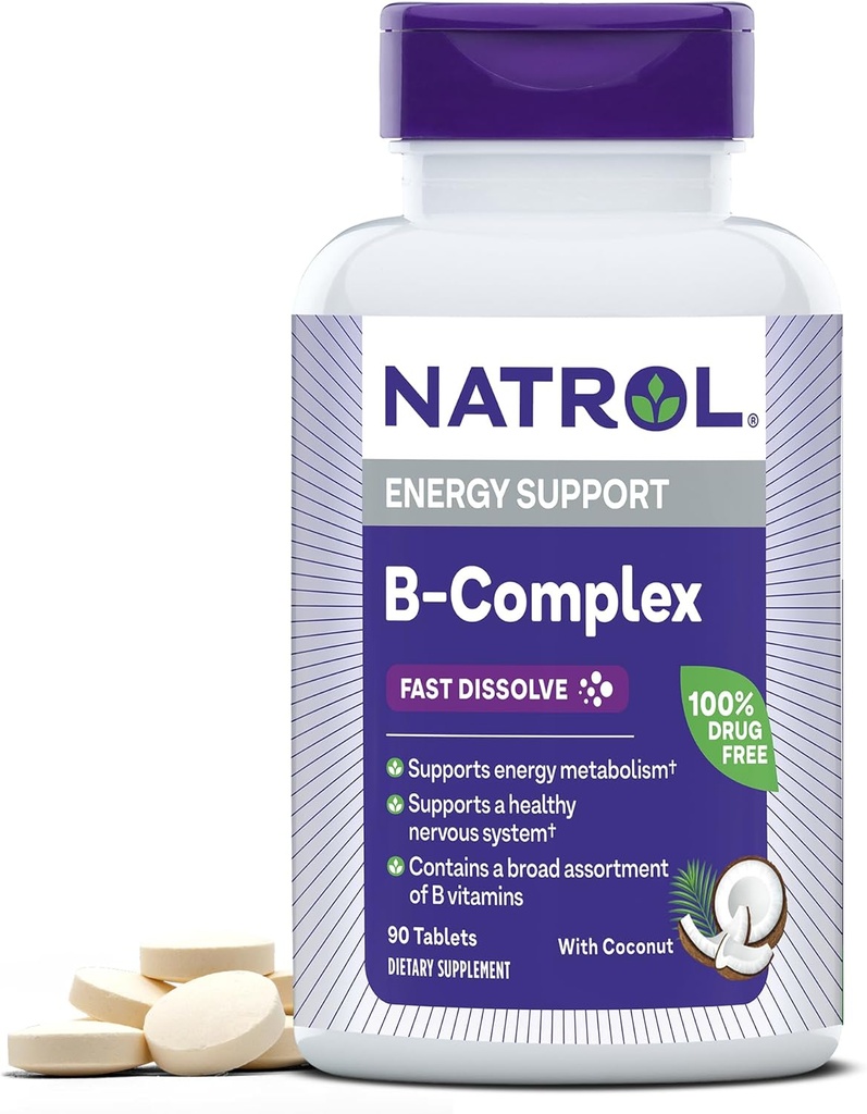 Natrol, B-Complex Nopeasti liuotettavat tabletit, lisäosa edistää energiaa ja tukee tervettä hermostoa, 90