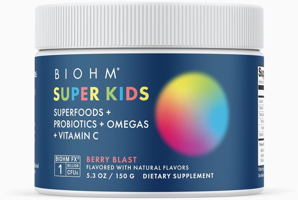 BIOHM Super Kids Superfood Powder Plus Probiootit (5.3 Oz, 30 Servings) Herkullinen marja Blast, antioksidantit, Omega 3 & C-vitamiini, ei-GMO, Maitotuotteet, Ei keinotekoisia ainesosia, Kasvisruoka, Ikä 4+