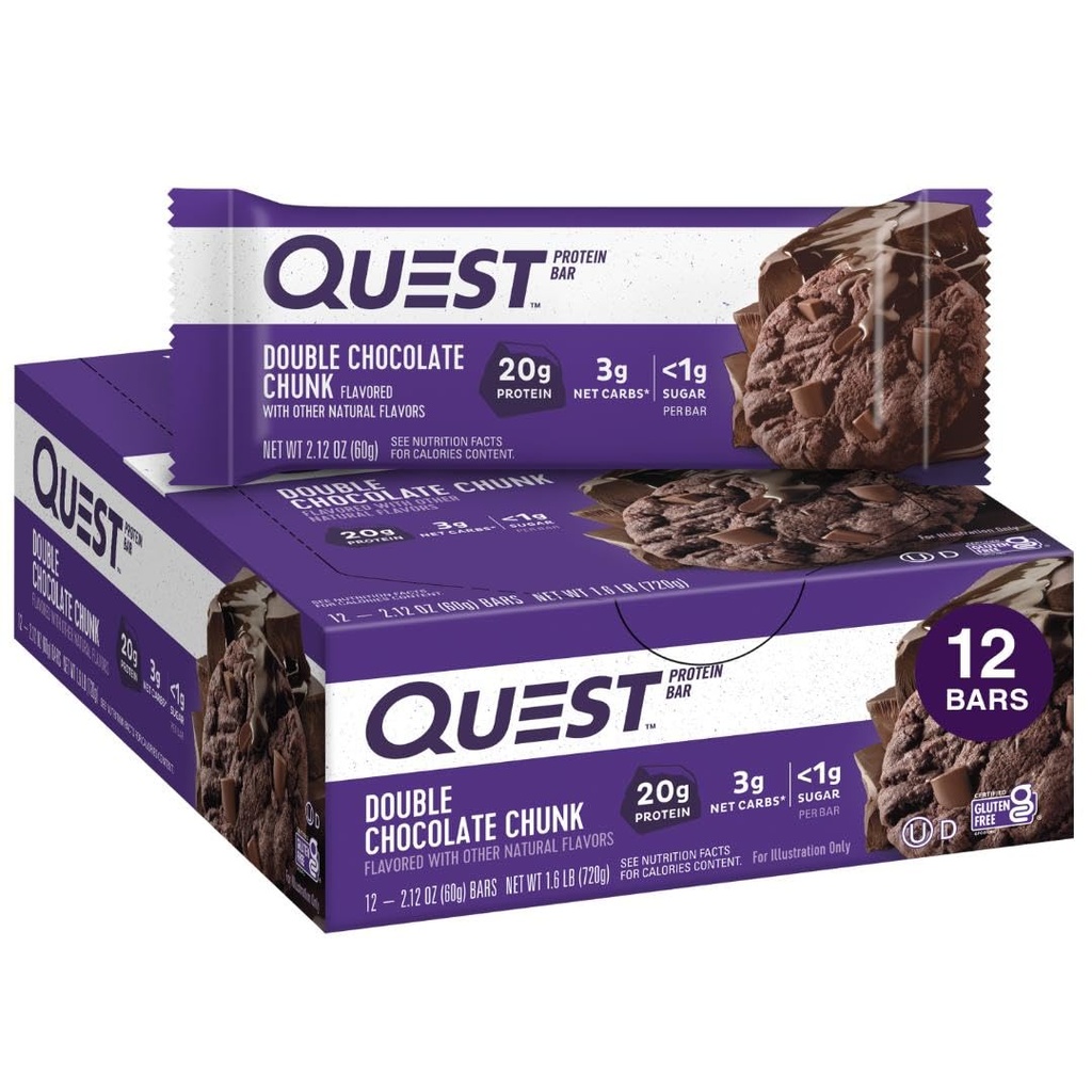 Quest Nutrition Double Chocolate Chunk Protein Bars, 20g Protein Bars, 1g sokeria, 4g Net Carb, Gluteeniton, Keto Friendly, 12
