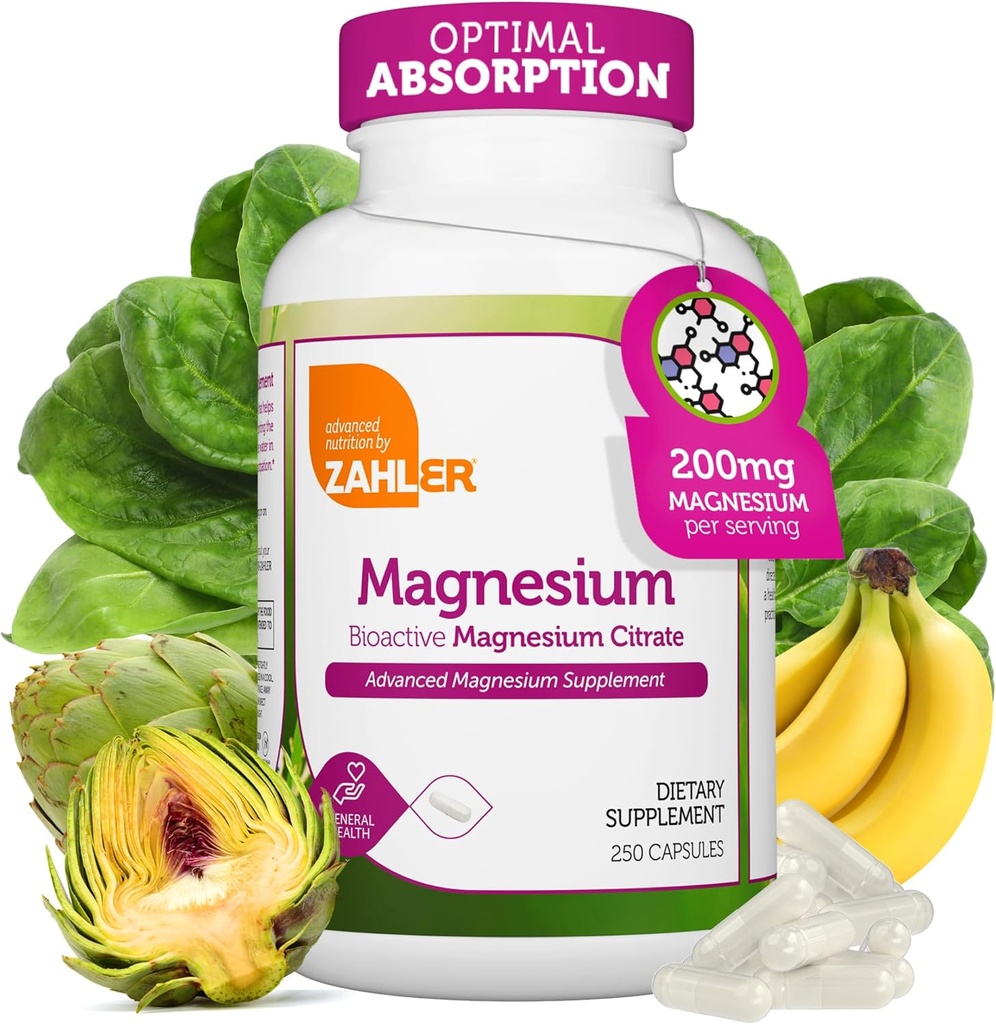 Zahler - Magnesium Supplement Capsules 200 mg (250 greve) Certifierad Kosher Bioactive Magnesium Citrate för Max Absorption - Naturlig Magnesium Mineral för Män & Kvinnor - Bästa Magnesium Supplements