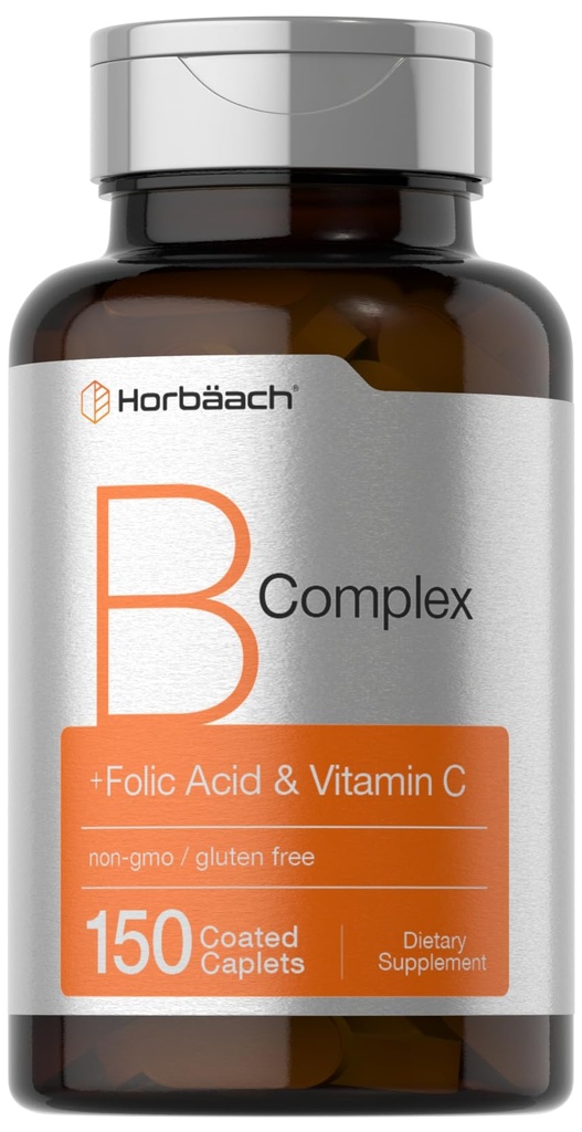 Horbaach B Komplex Vitaminer för kvinnor och män | 150 Caplets | med Folic Acid & Vitamin C | Non-GMO & Gluten Free Supplement