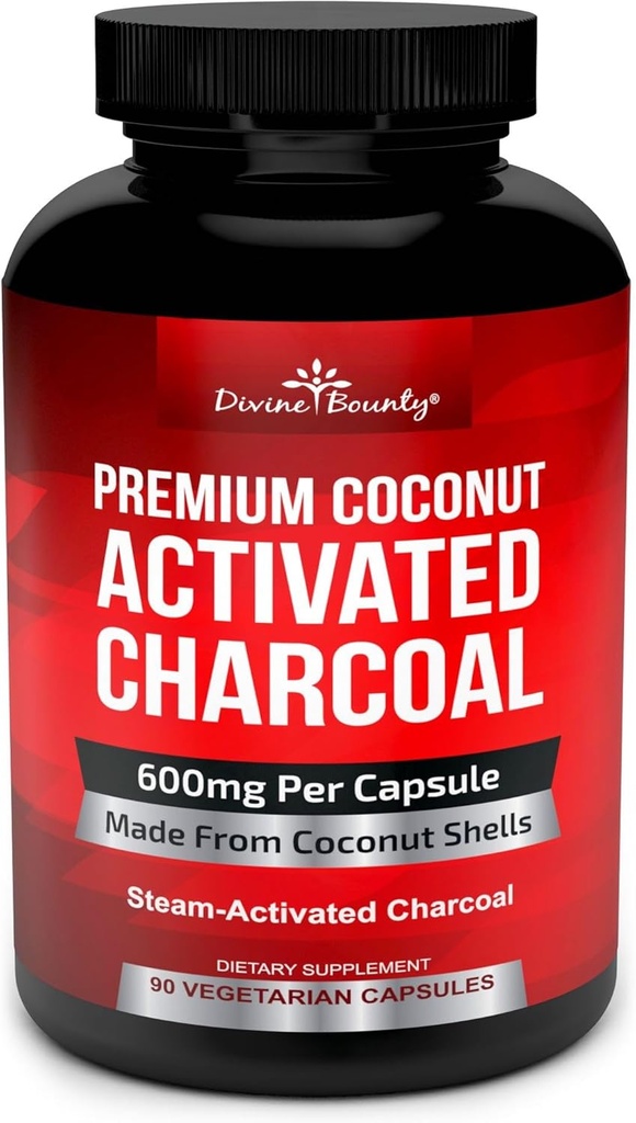Divine Bounty Organic Aktiivihiilikapselit - 600mg Kookoshiili pillereitä - 90 kasviskapselia