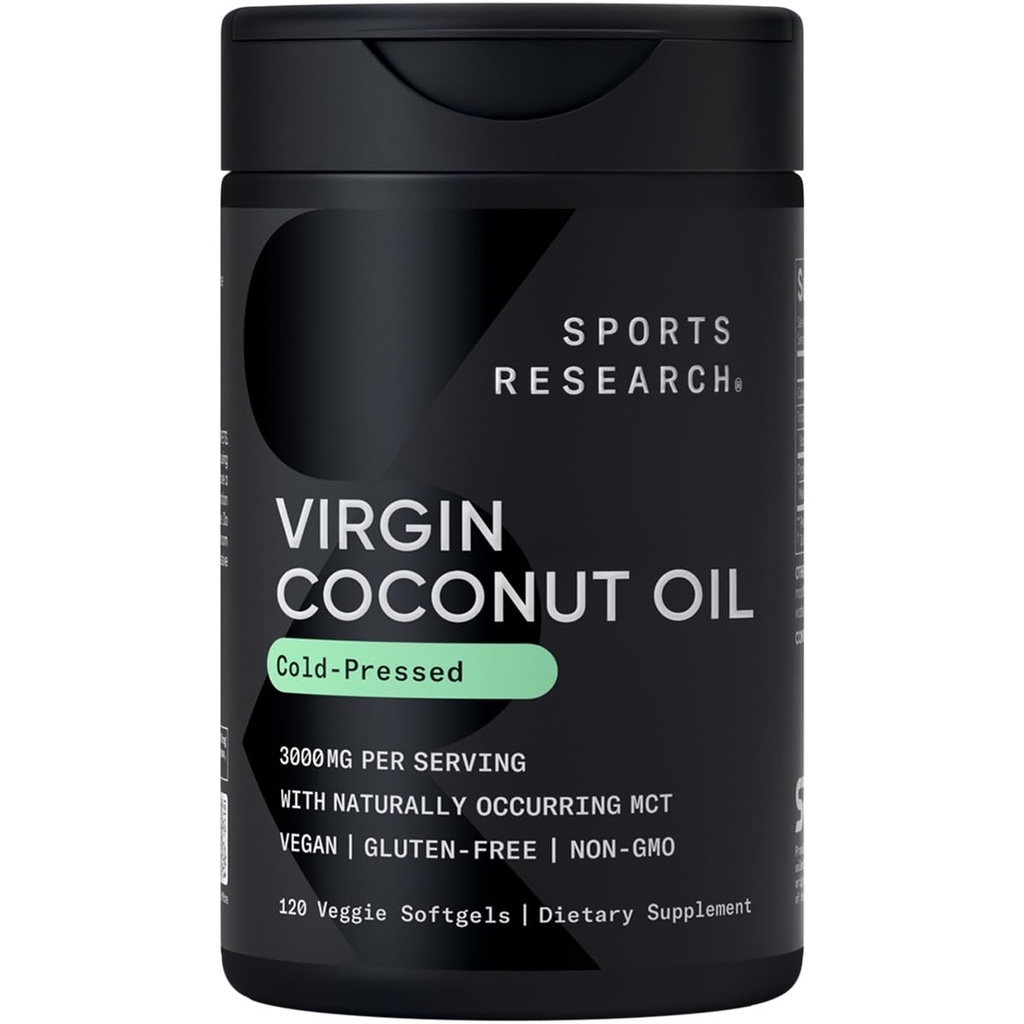 Sports Research® Organic Coconut Oil Capsules 3000MG - Cold Pressed Extra Neitsyt Coconut Oil with Medium Chain Triglyserides (MCTs) - Vegan Friendly & non-GMO Varmennettu - 120 Softgels