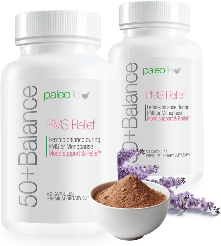 50+ Balance Premium Supplement, PMS Relief. Naisten tasapaino PMS:n tai vaihdevuosien aikana. Mielialatuki & Relief. 60 kapselia (2-pakkaus)