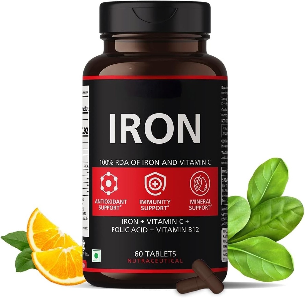 Rauta Supplement naisten ja miesten C-vitamiinia, Foolihappoa ja B12-vitamiinia - Rautatabletit auttavat tukemaan energiaa - 60 Veg tablettia