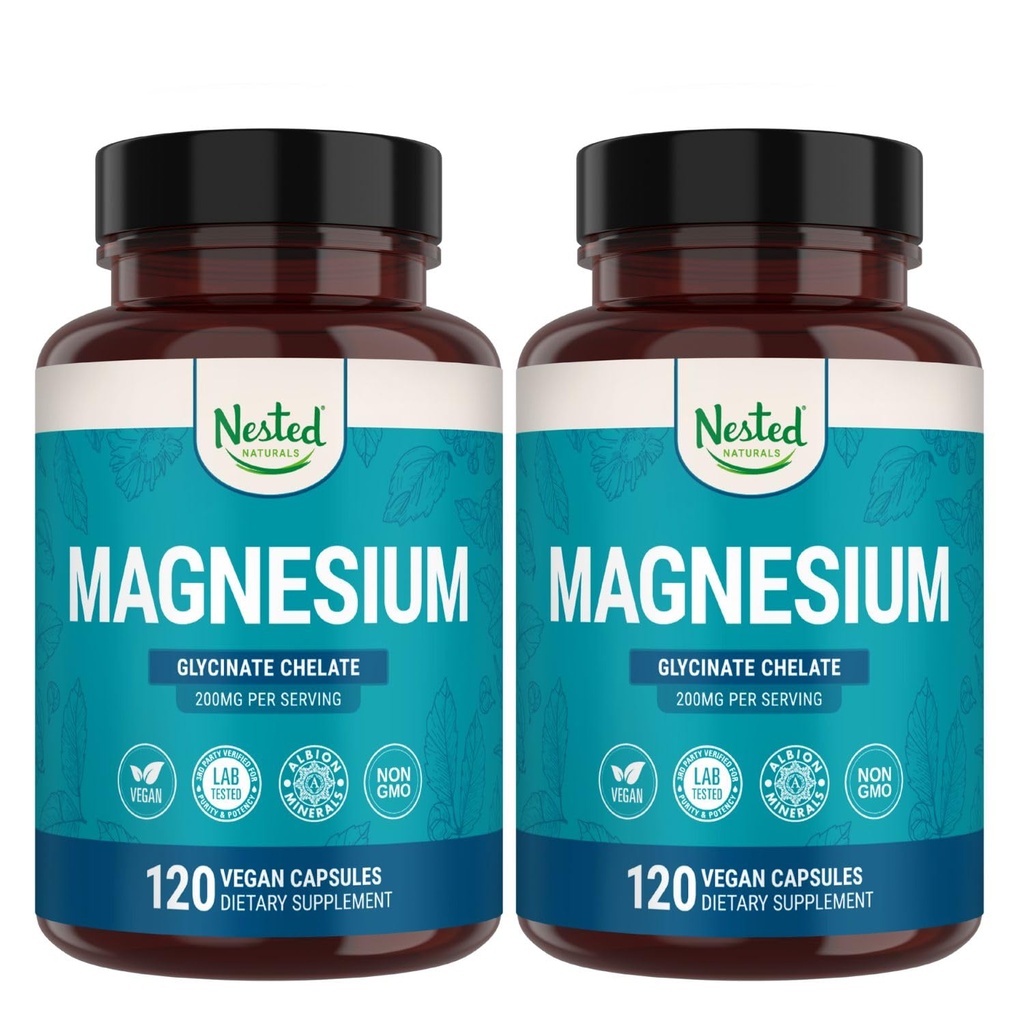 Nested Naturals Magnesium Glycinate Chelate - 200 mg kelated magnesium täydennysosa lihaskramppeja, rentoutumista, & Sleep Support - 100% Albion TRACCS puskuroitu magnesium Glycinate - 240 vegan kapselit