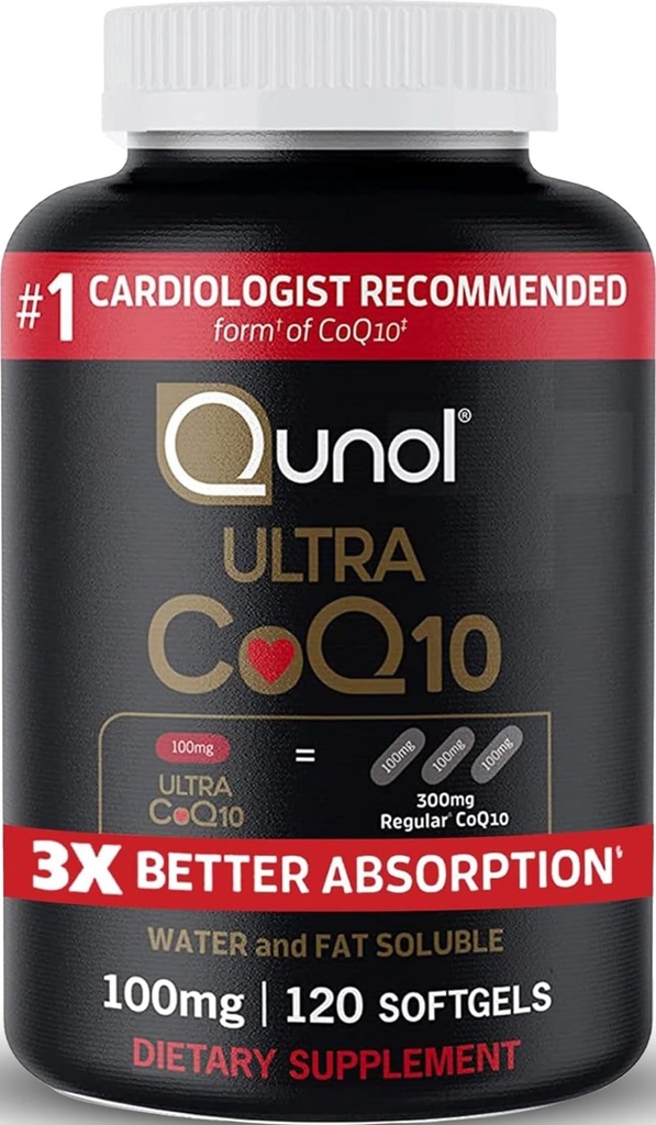 Qunol Ultra CoQ10 100mg, 3x Parempi imeytyminen, Patentoitu vesi ja rasvaliukoinen luonnollinen täydentää Form Coenzyme Q10, Antioksidantti sydänterveyden, 120 kreivi Softgels